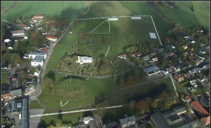 Aerial photo of Jelling showing the modern monuments
