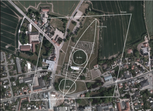 Aerial photo of Jelling with the larger site marked