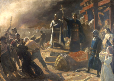 Painting of Absalon and Valdemar toppling the god Svantevit at Arkona